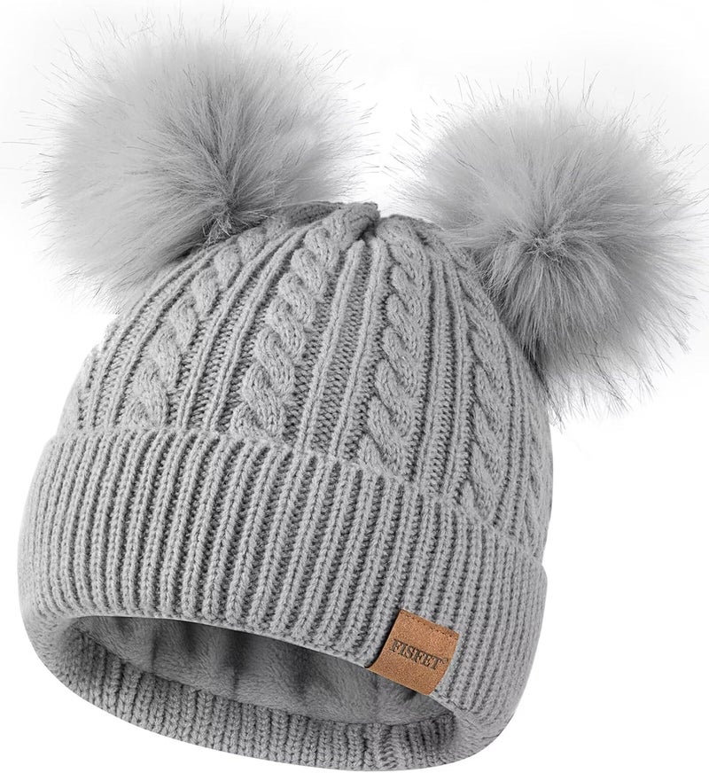 FISFET Beanies Women with Double Pom Pom, Winter Hats for Women Cold Weather Warm Knit Fleece Lined, Cute Beanie Cap - Image 1